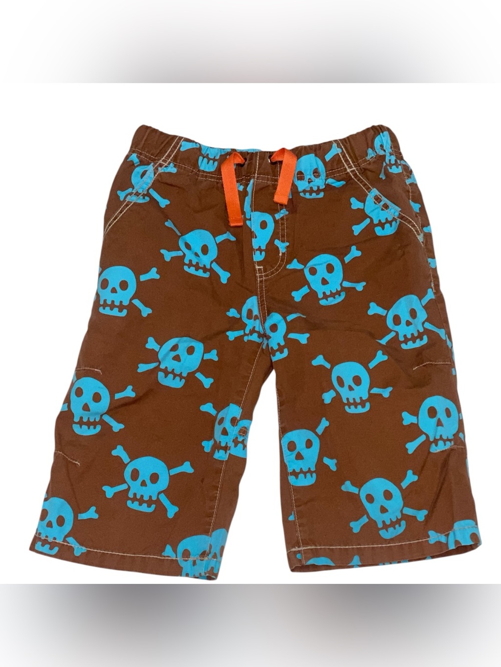 Mini Boden Boys Skull Pirate Board Shorts Brown Turquoise 100% Cotton Drawstring